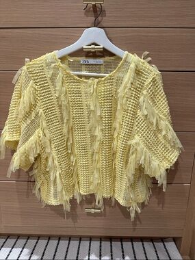 Zara Light Yellow Fringe Knit Short Sleeve Top